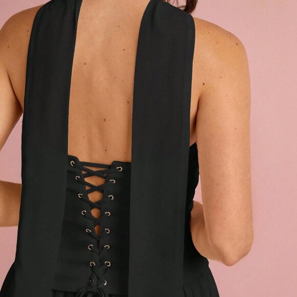 Black Elegant Women's Pleated Slit Hem Halter Dress - Picture 3 of 7